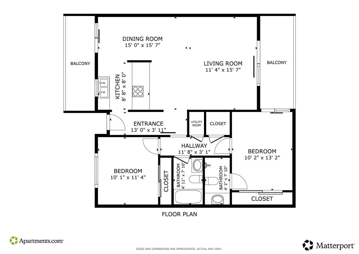 2BR, 2BA - 850SF - Floor Plan - 2bd 2ba D