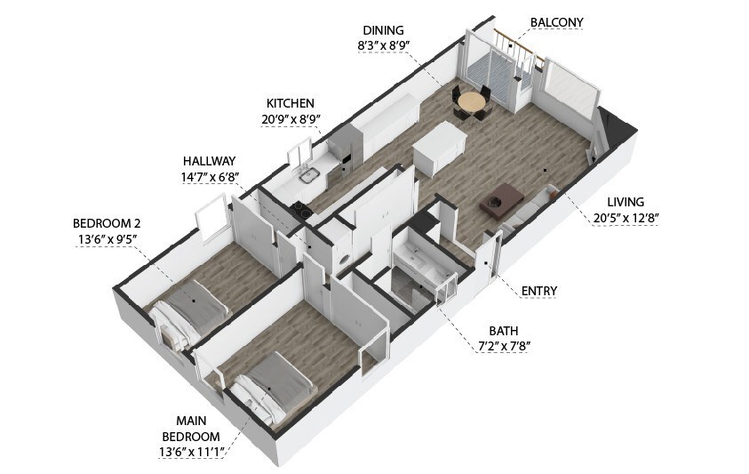 Floor Plan - 2 Bedroom, 1 Bathroom (B)