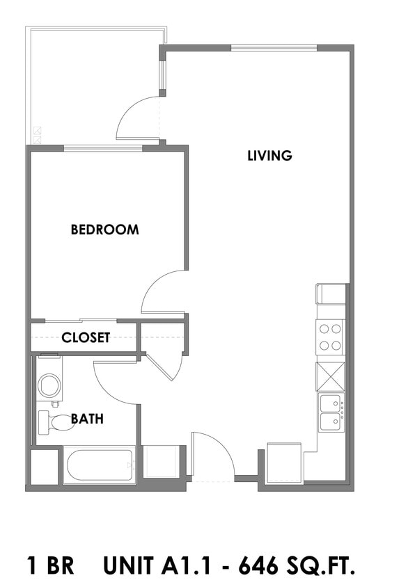 Floor Plan - 1 Bed 1 Bath - 646 sqft