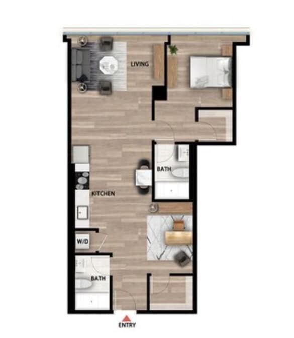 Floor Plan - 1 Bed 2 Bath +Den - 842 sqft