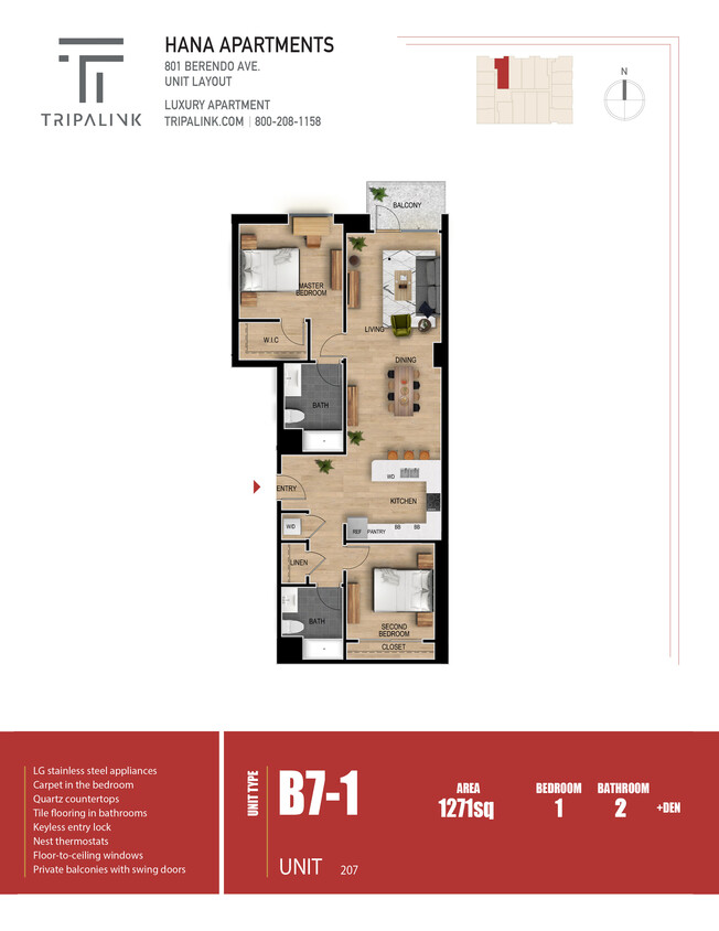 Floor Plan - 1 Bed 2 Bath +Den - 1271 sqft