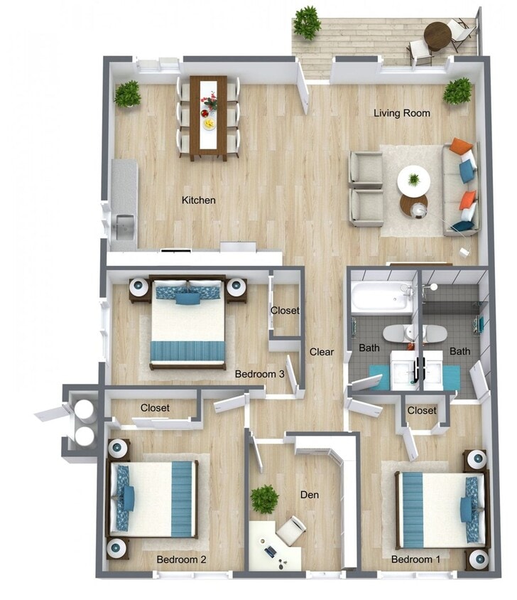Floor Plan - 3 bed 2 bath + Bonus Room 1200 sq ft | B | Down...