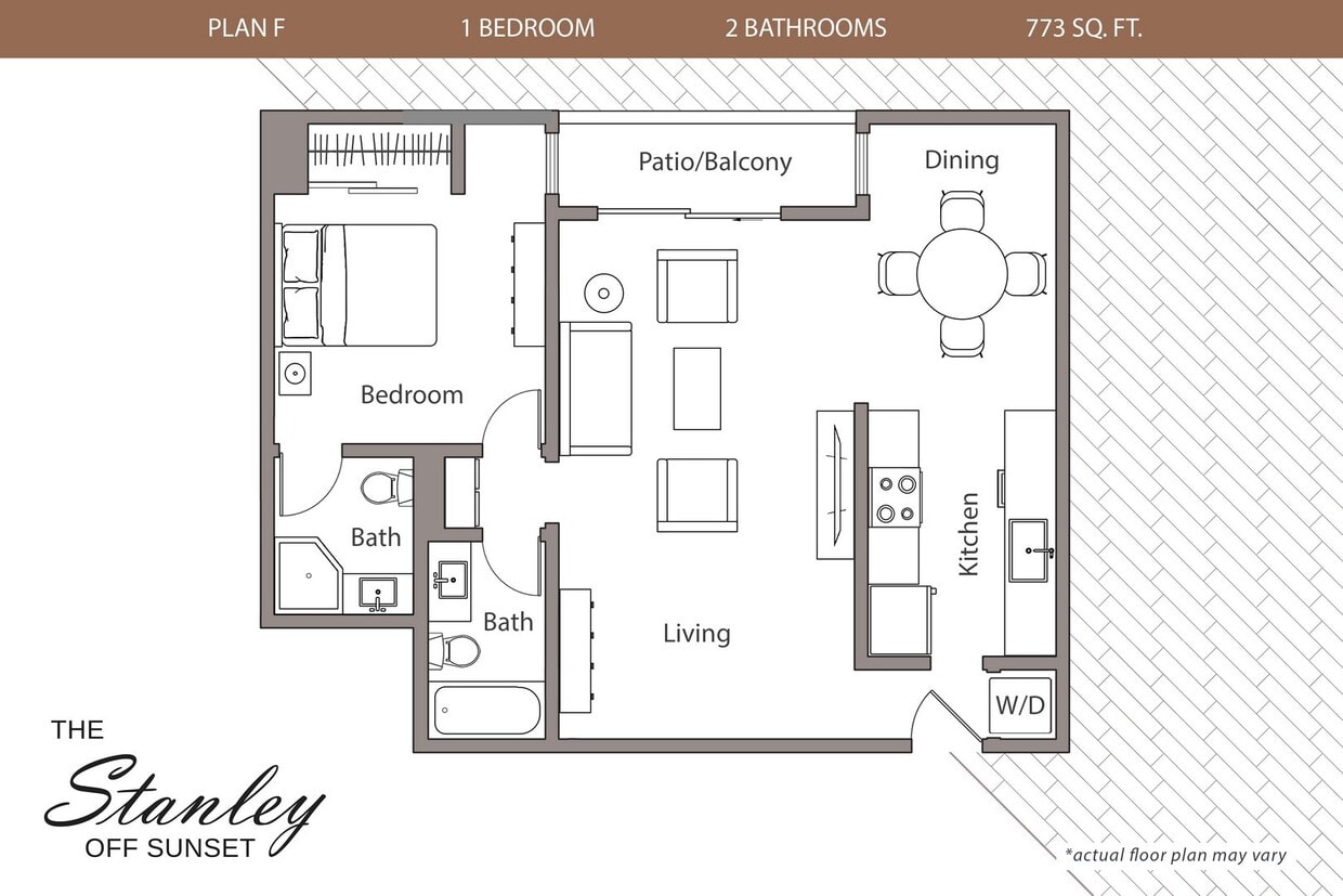 Floor Plan - 1 Bedroom, 2 Bath Plan F