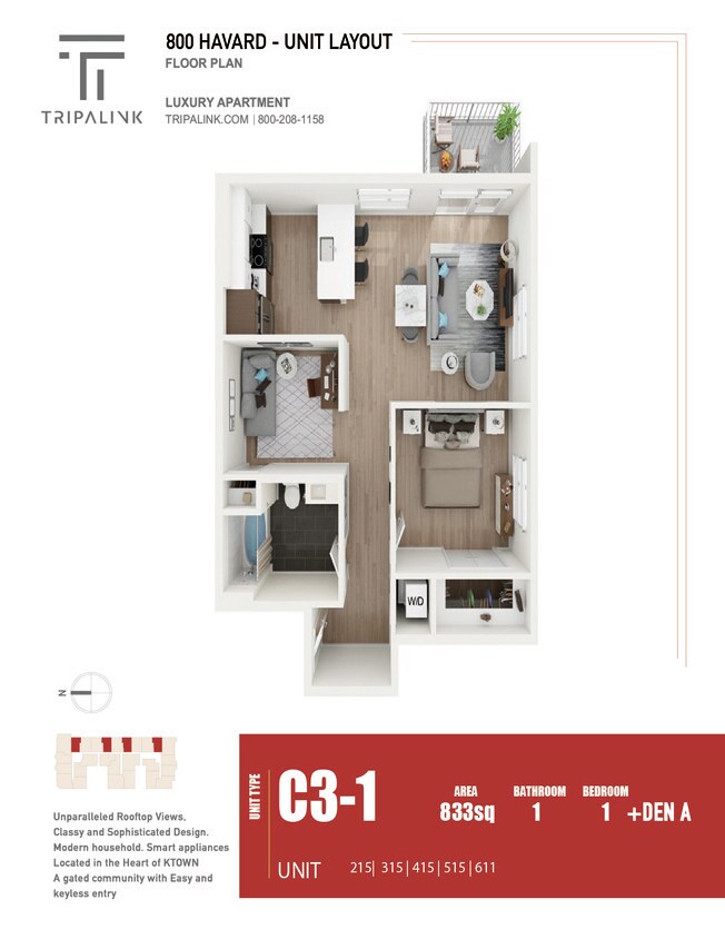 Floor Plan - 1 Bed 1 Bath +Den - 833 sqft