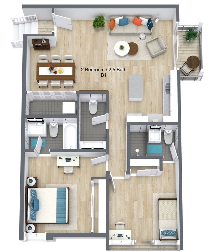 Floor Plan -  2 Bed 2.5 Bath | B1 | Corner Unit With Balcony...