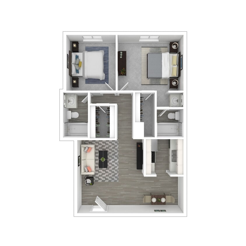 3D Furnished Two-Bedroom B Floor Plan - 2x2B