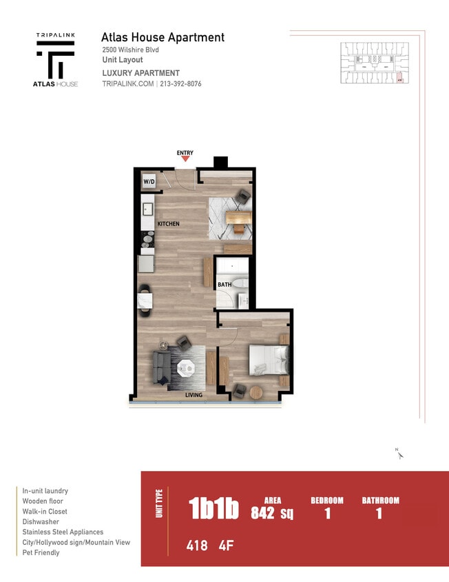 Floor Plan - 1 Bed 1 Bath +Den - 842 sqft