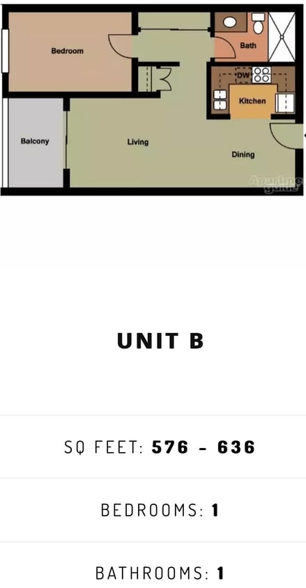 Floor Plan - 1 Bedroom, 1 Bathroom - B