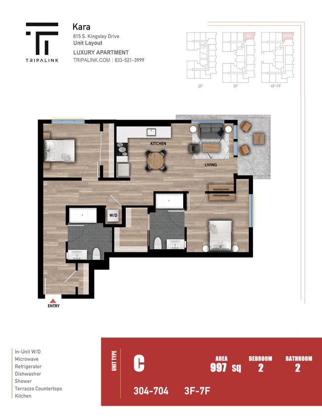 Floor Plan - 2 Bed 2 Bath - 997 sqft