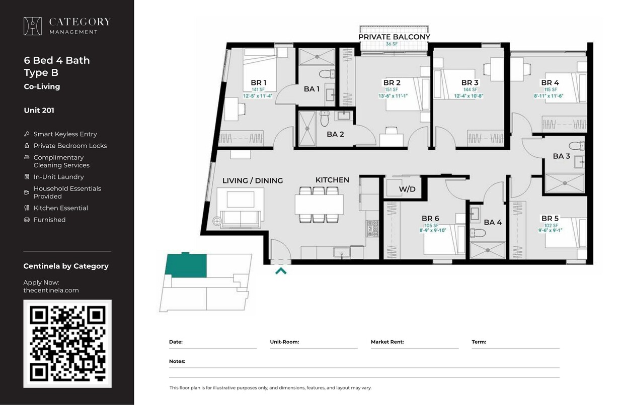CENT_6_Bed_4_bath_Type_b - Private Bedroom in Shared 6 Bed 4 Bath - B