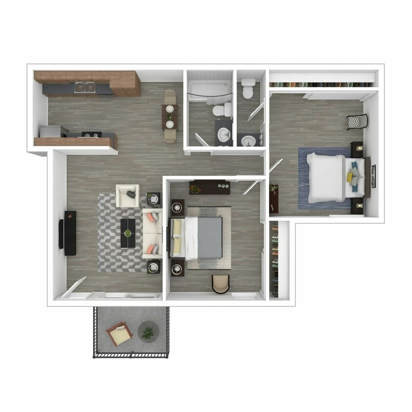Two-Bedroom, One-and-One-Half-Bathroom 3D Furnished Floor Plan - 2+1.5