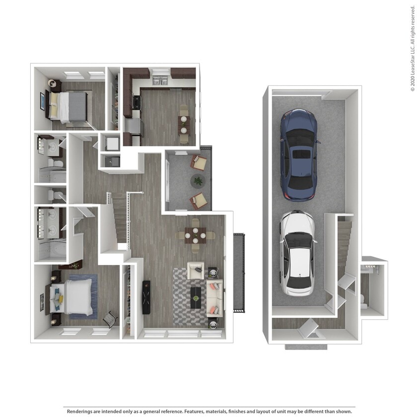 Multi-level two bedroom, two-and-a-half bath townhome. Bedrooms on the top floor with bathrooms in each bedroom for privacy. Washer and dryer included on the second floor for easy access. Attached, two-car tandem garage included. - B1