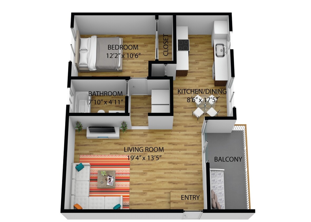 Floor Plan - 1 Bedroom, 1 Bathroom (A)