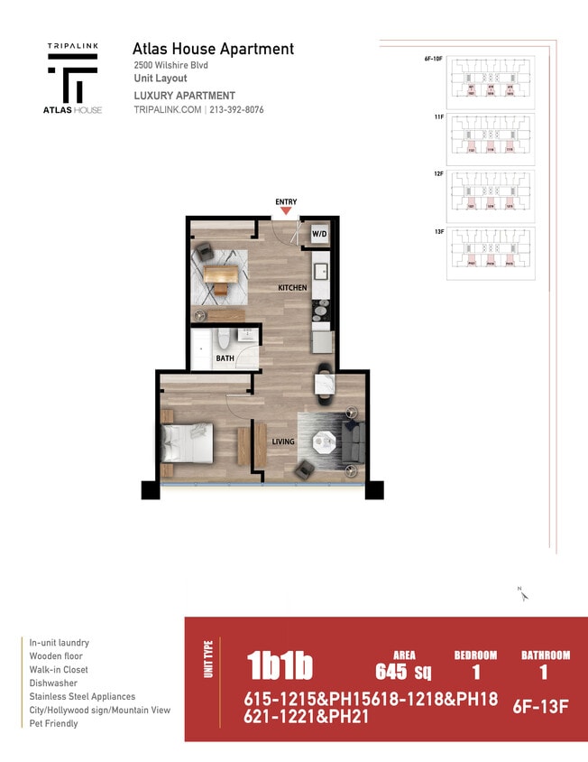 Floor Plan - 1 Bed 1 Bath - 645 sqft