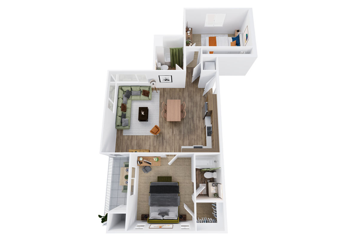 3D floor plan rendering - 2B-2 - Two-Bedroom, Two-Bathroom - 2B-2