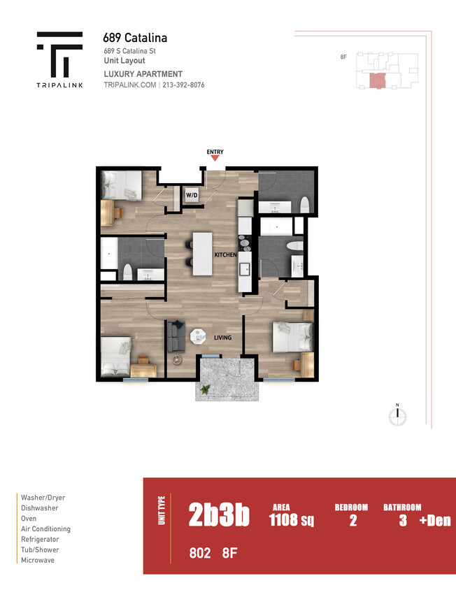 Floor Plan - 3 Bed 3 Bath +Den - 1108 sqft
