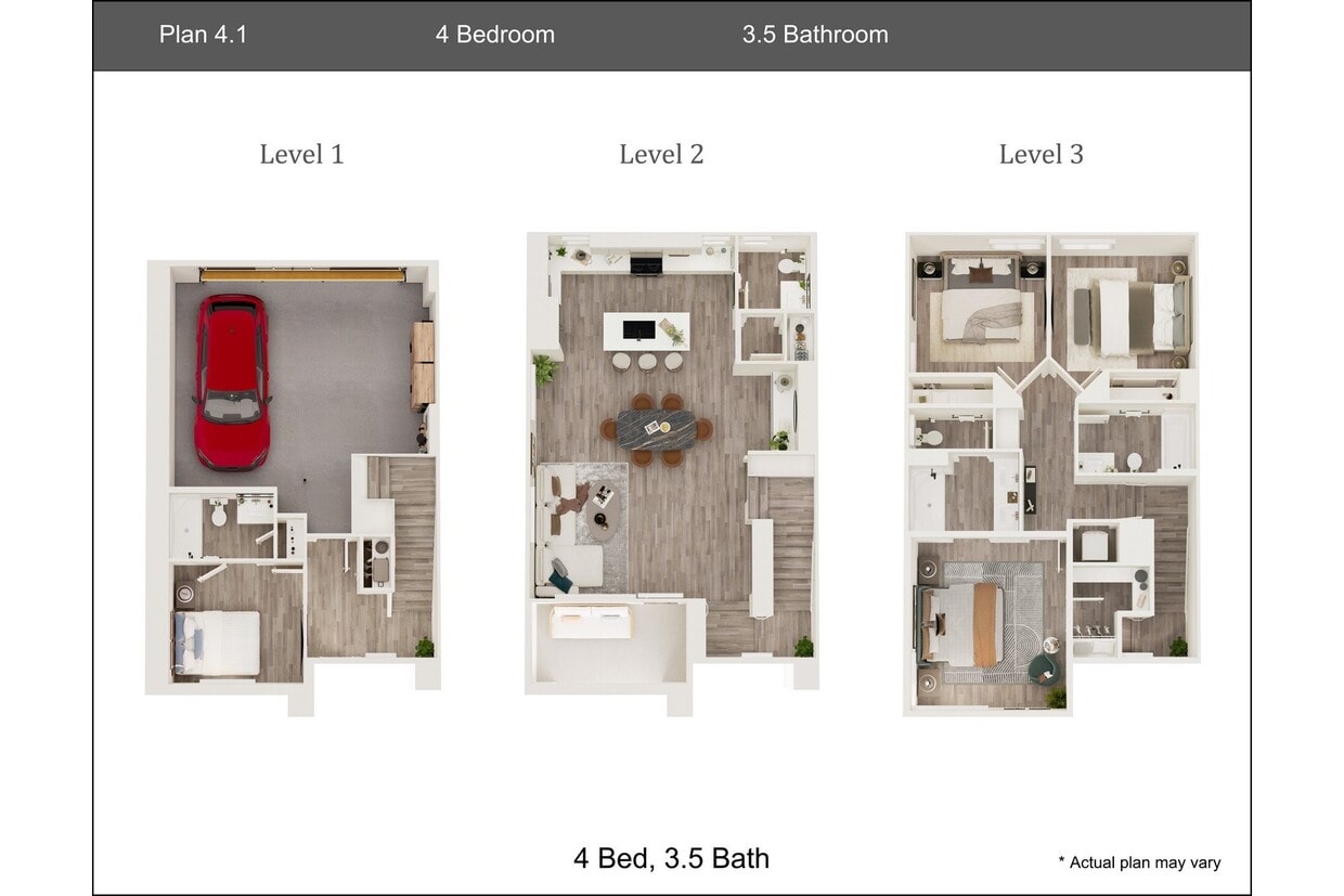 Floor Plan - 4 Bedroom, 3.5 Bath Townhouse Plan 4