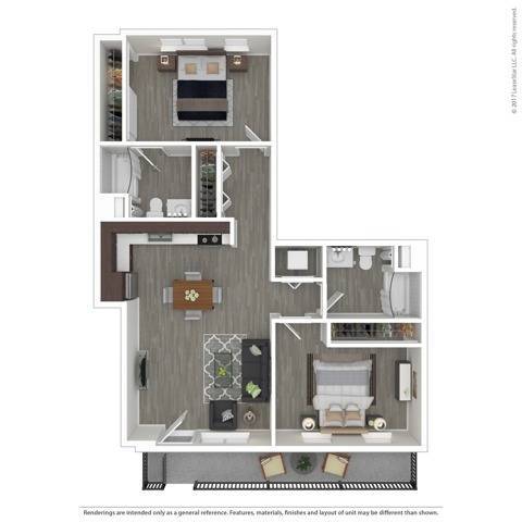 This courtyard-level two-bedroom home is similar to the D1 floor plan but offers a guest bathroom. A private gated entrance opens onto a generous patio for outdoor living and entertaining. With nine-foot ceilings or more throughout the home, the fully equipped “L” shaped kitchen allows for additiona - E1