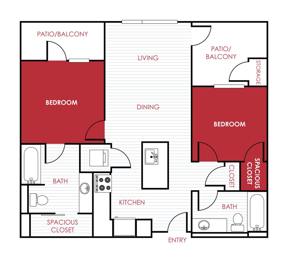 Floor Plan - 2 Bed 2 Bath - 826 sqft