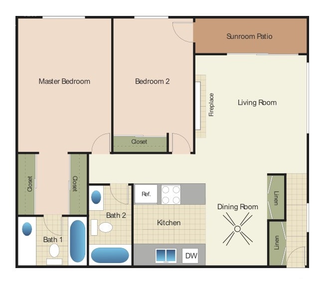2D Rendering of a 2 Bed Floor Plan - 2x2