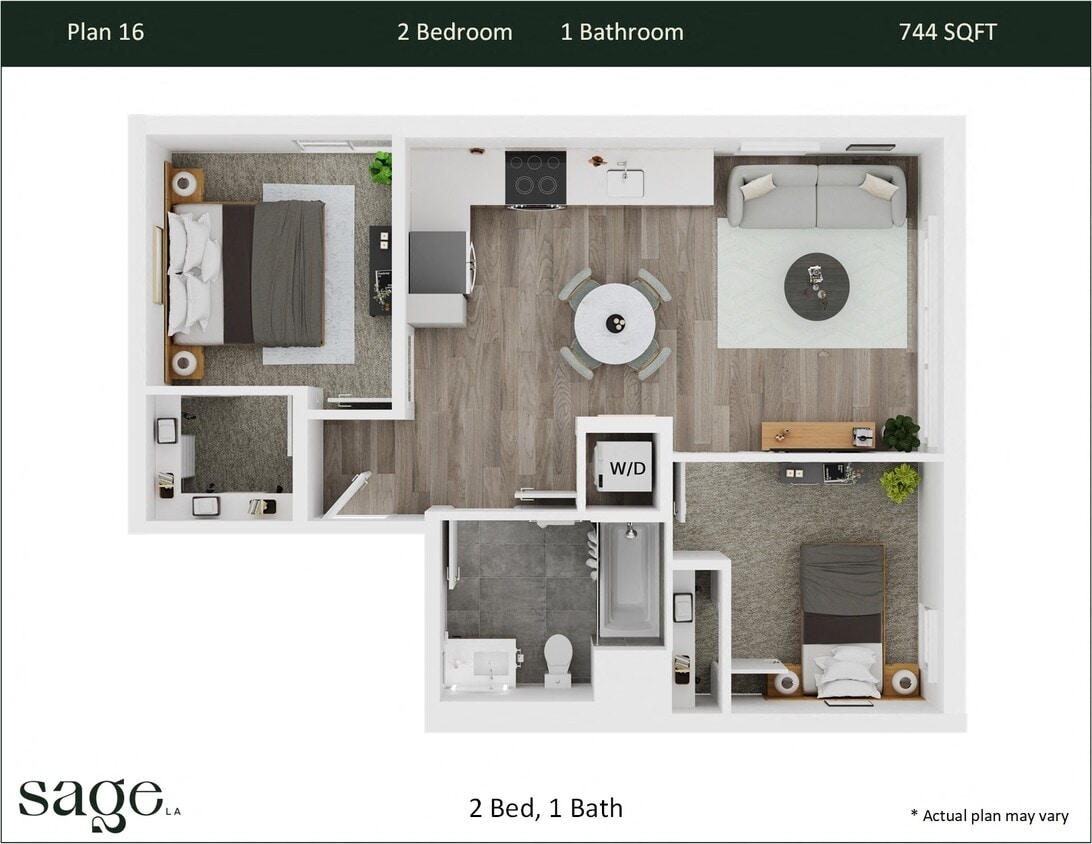 Floor Plan - 2 Bedroom, 1 Bath Plan 16