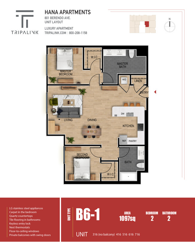 Floor Plan - 2 Bed 2 Bath - 1097 sqft