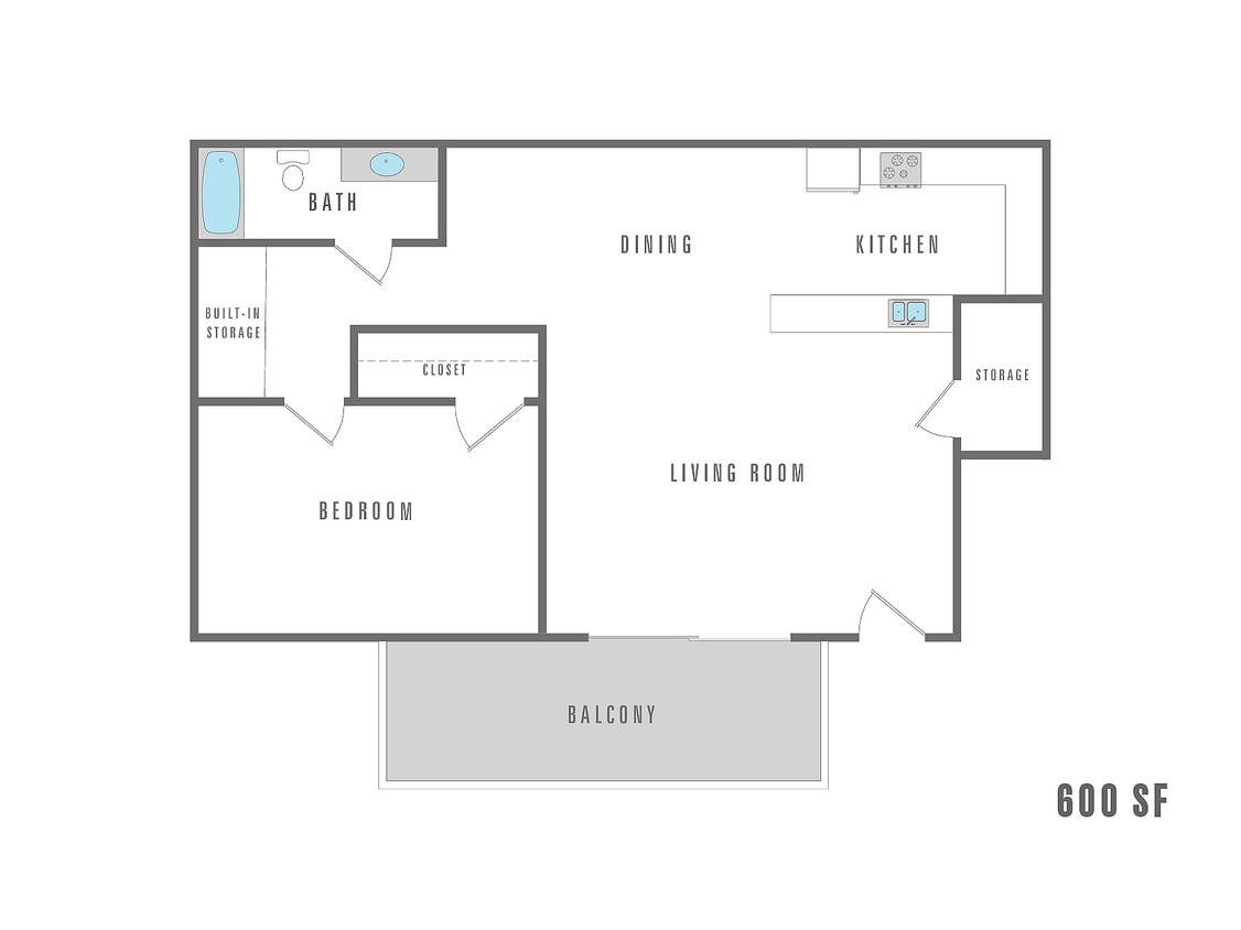 1 Bedroom 1 Bath - 600 SF - 1 Bedroom 1 Bath