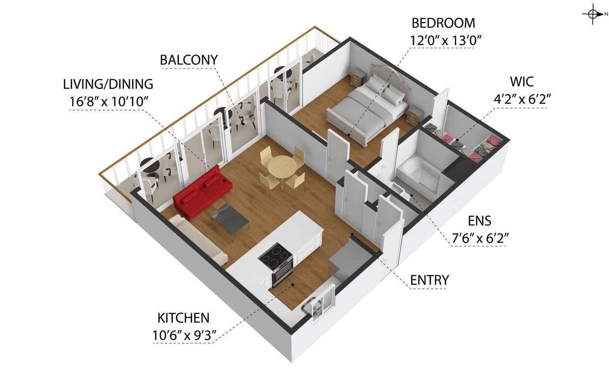 Floor Plan - 1 Bedroom, 1 Bathroom (A)