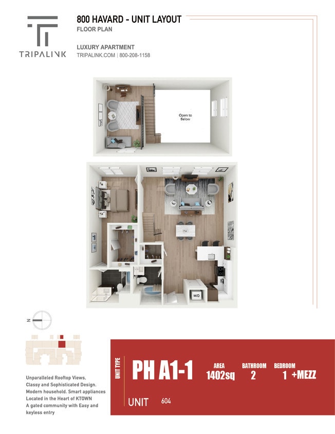 Floor Plan - 1 Bed 2 Bath - 1402 sqft