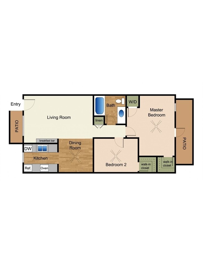 2D Rendering of 2 Bed Floor Plan - 2x1