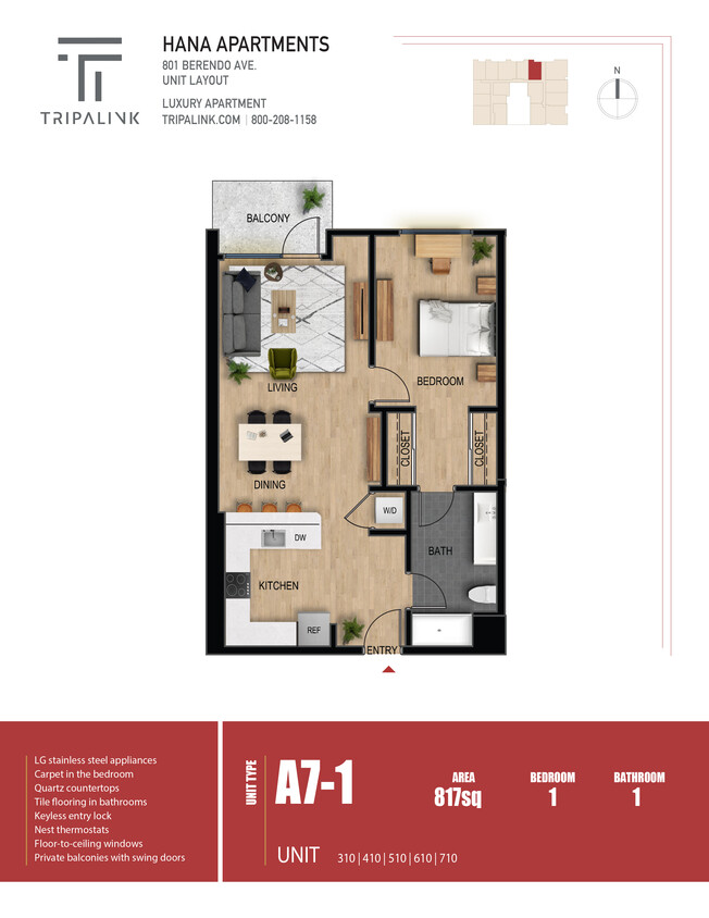 Floor Plan - 1 Bed 1 Bath - 817 sqft