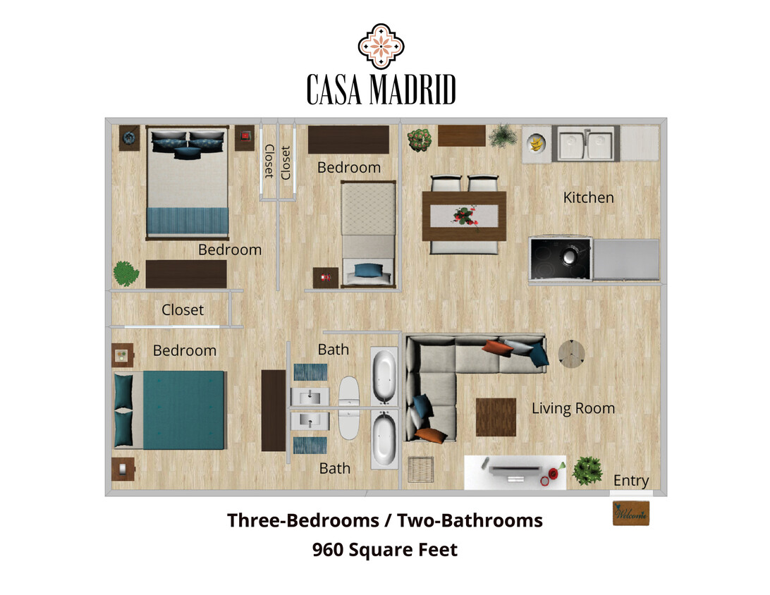 Three Bedroom Two Bathroom Floor Plan - 3Br/2Ba