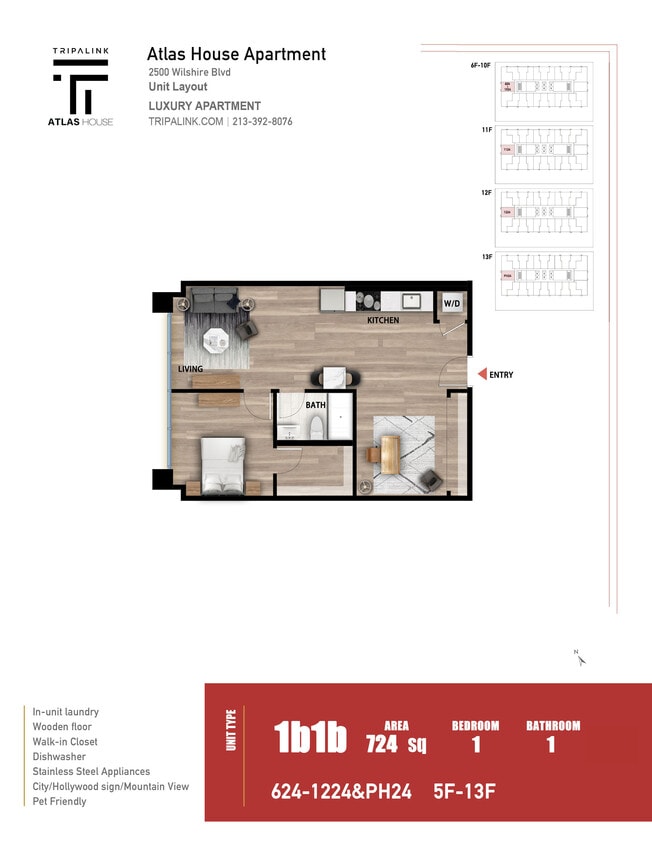 Floor Plan - 1 Bed 1 Bath +Den - 724 sqft